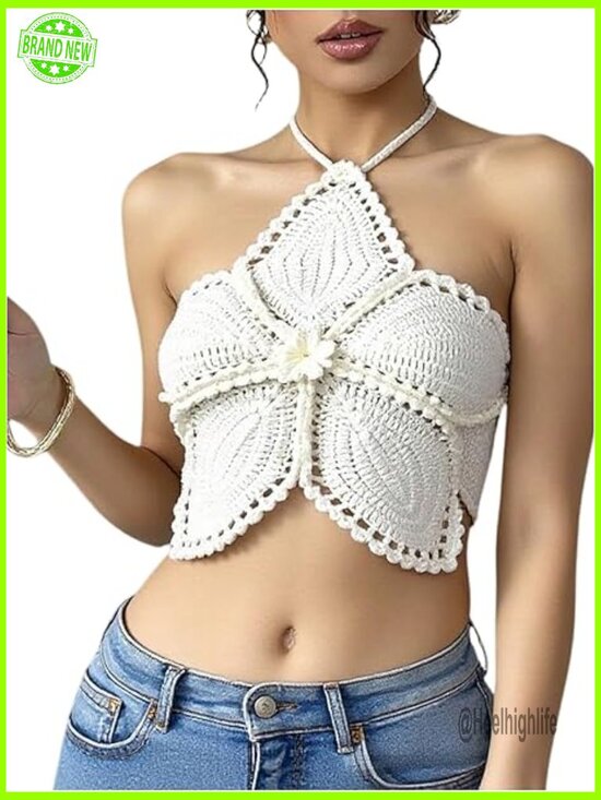 Tops - Women's Floral Crochet Beach Halter Top Y2K Tie Back Hollow Out Crop Top